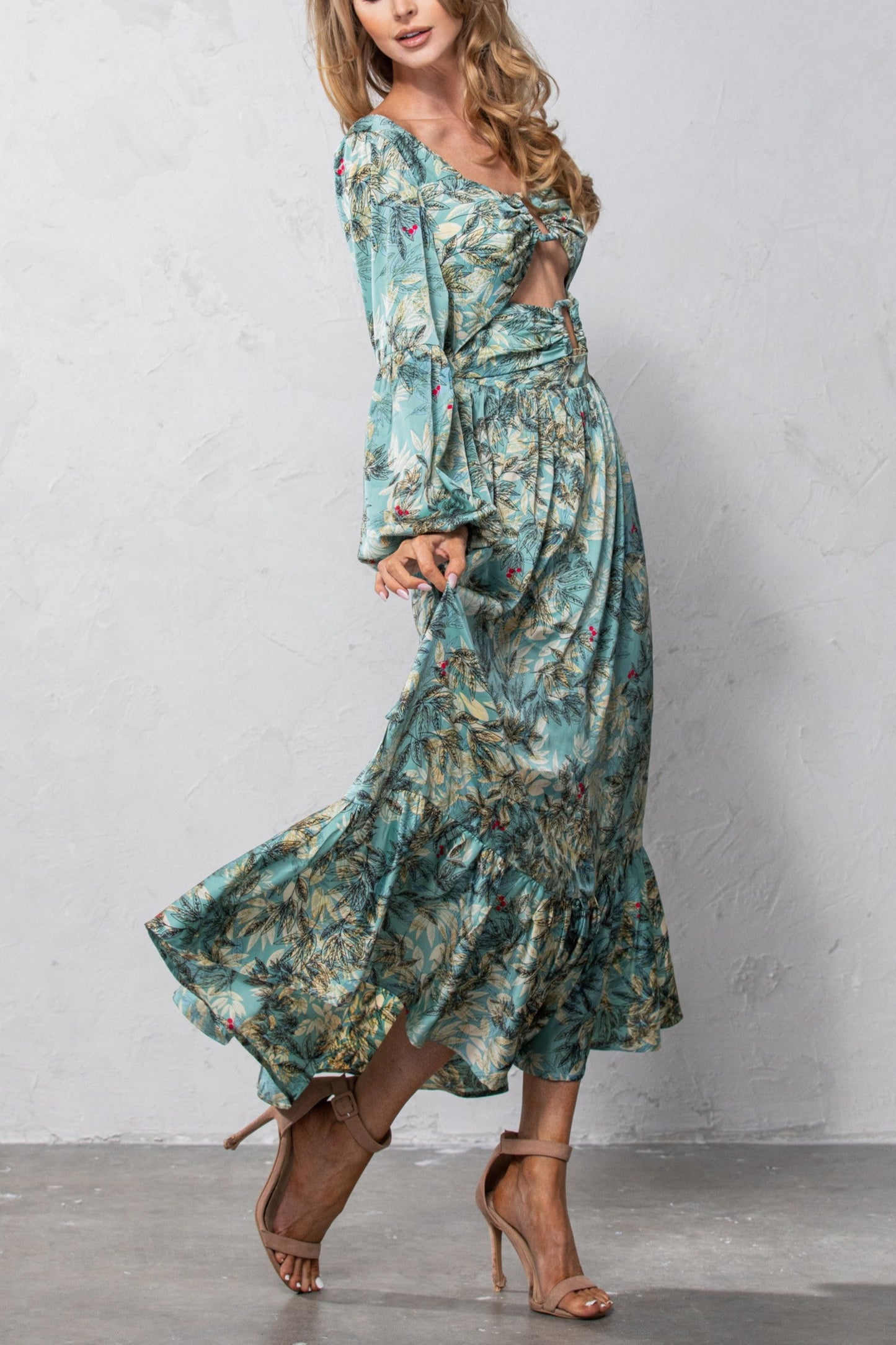 Cutout Leaf Print Maxi Dress