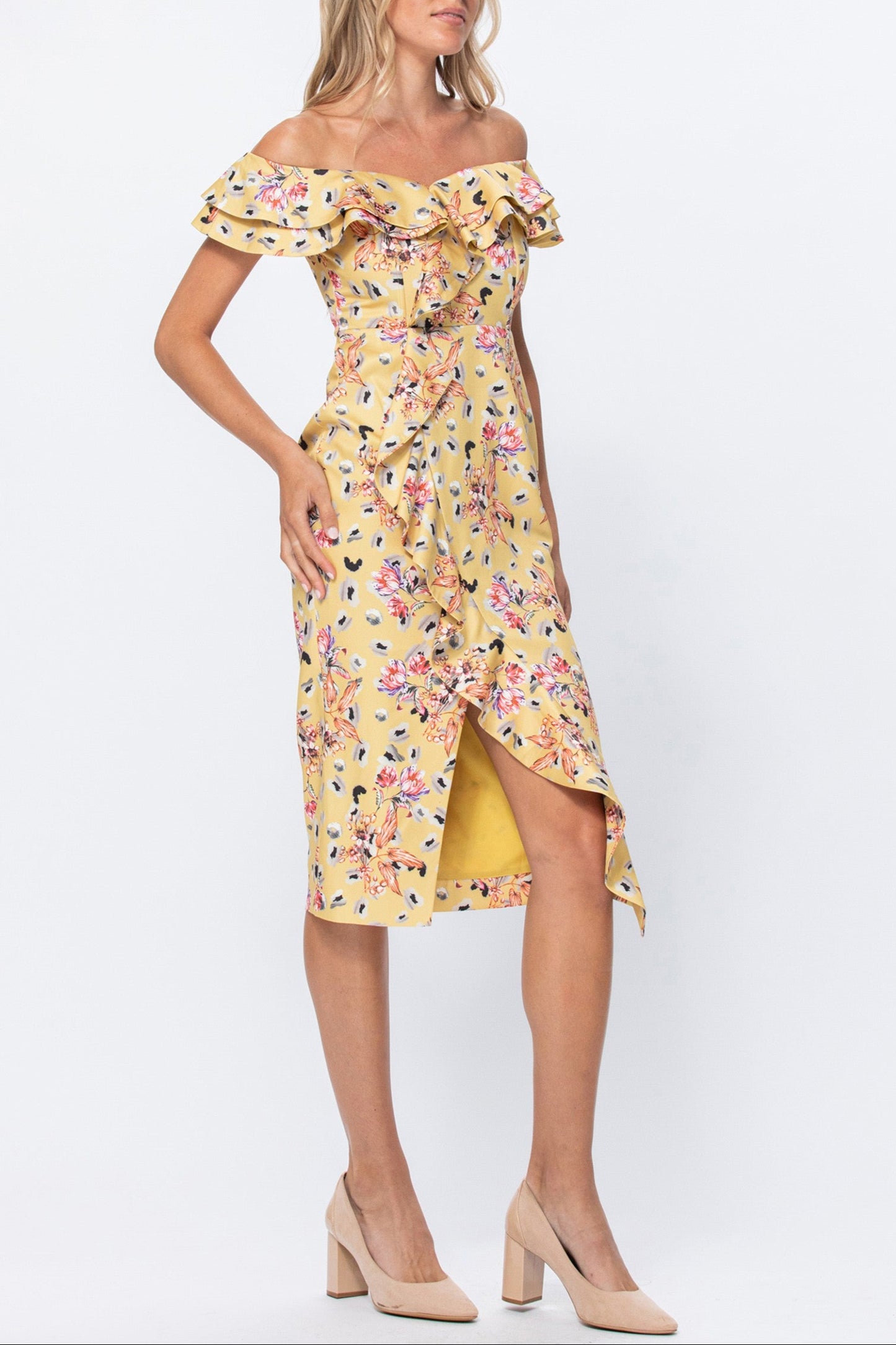 Print Off Shoulder Fitted Midi Dress