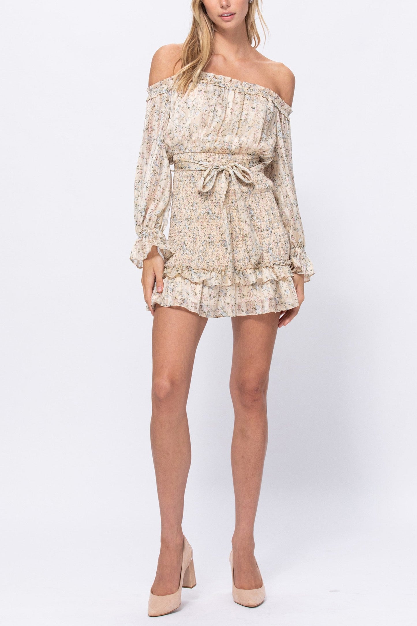 Smocking Floral Print Short Dress