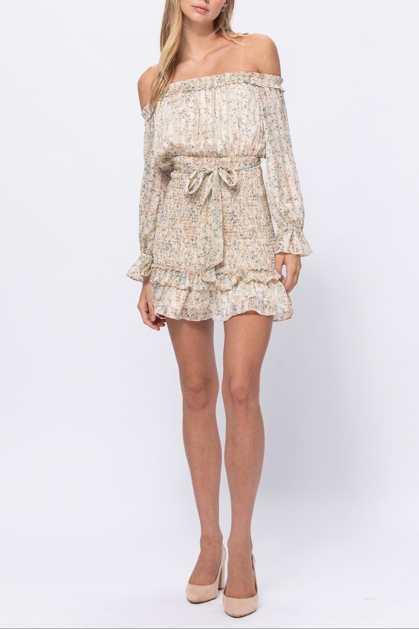 Smocking Floral Print Short Dress