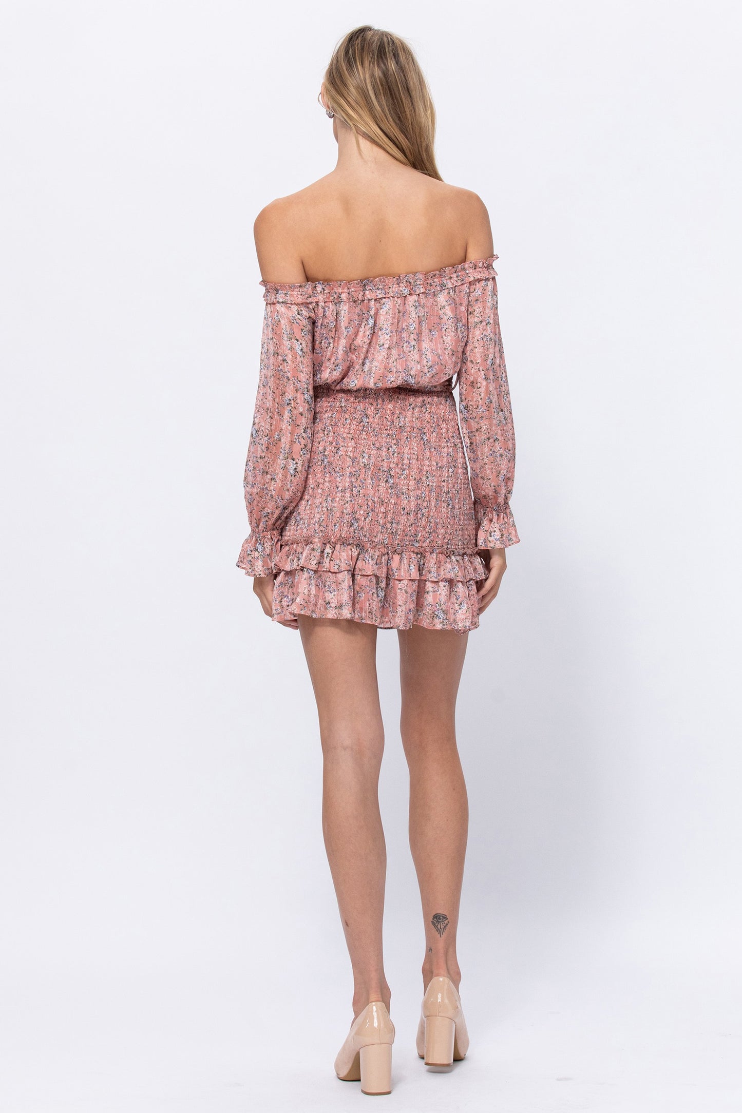 Smocking Floral Print Short Dress