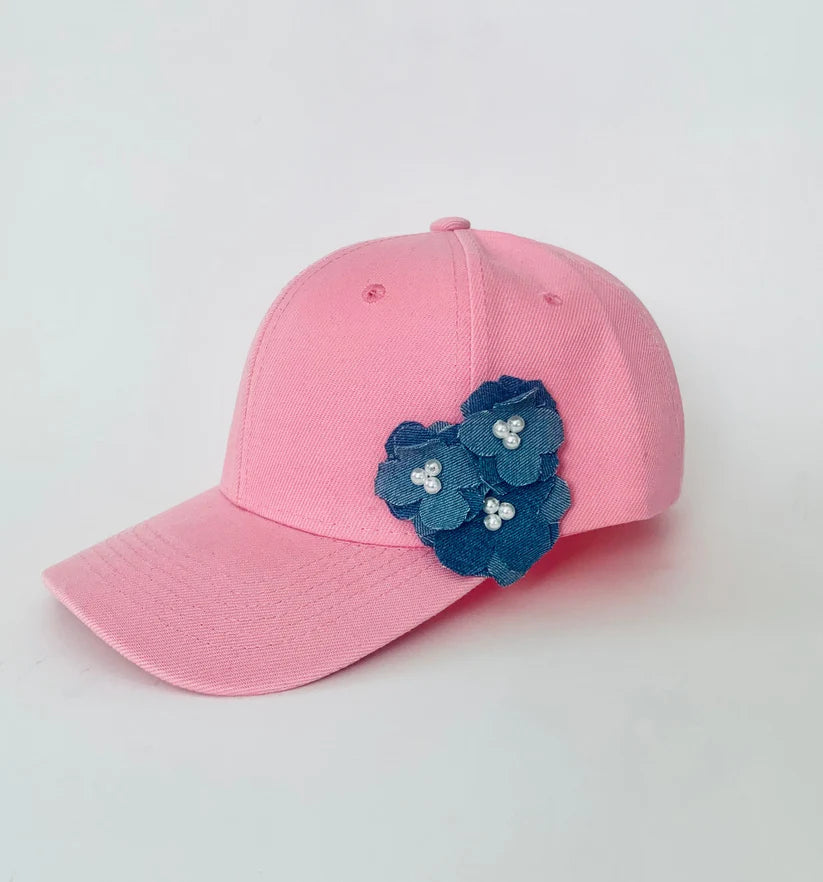 DENIM FLOWERS CAP.  PACKAGE 6 CAPS.  $14.90 UNIT PRICE