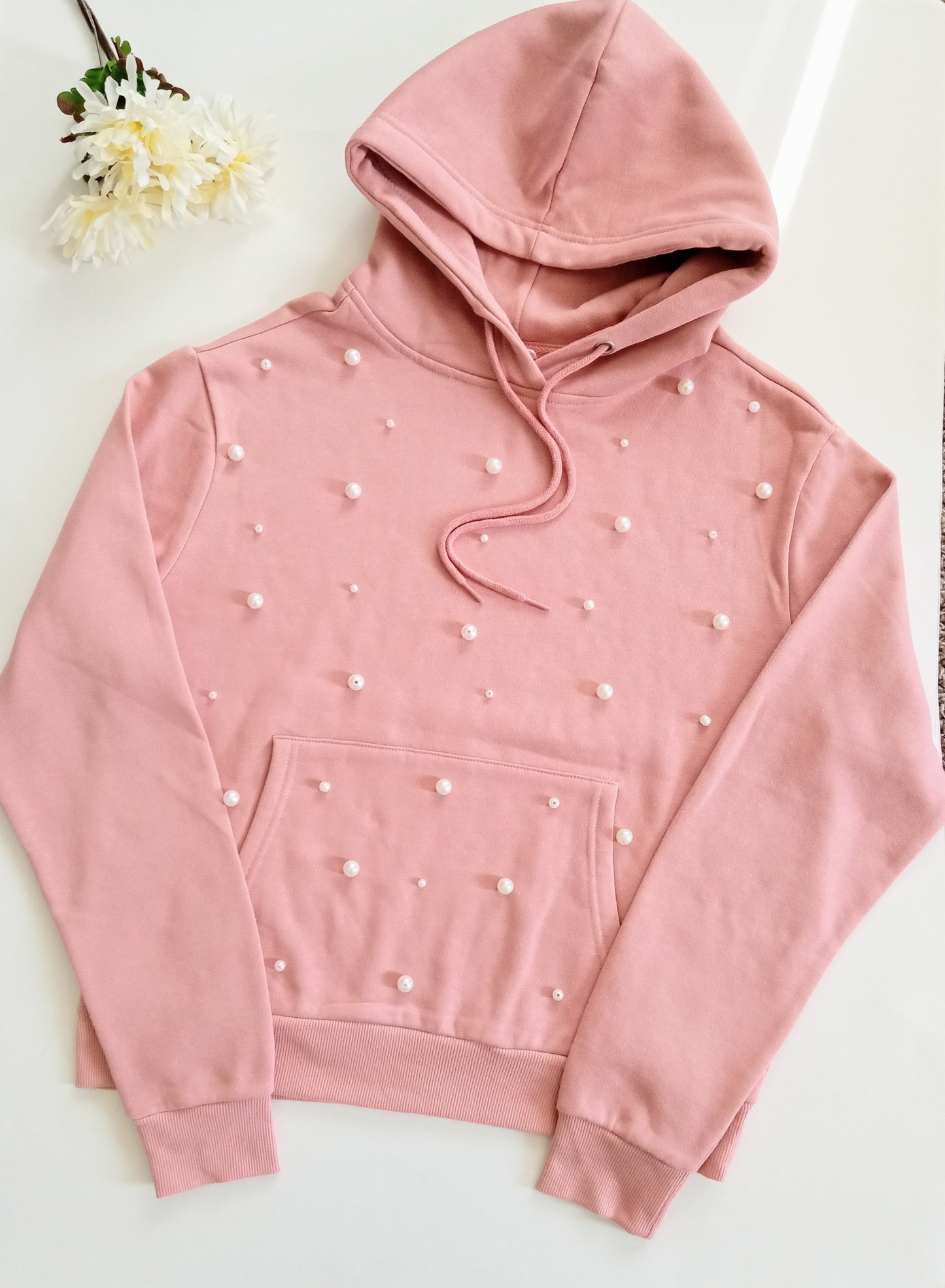 HANDRAFTED PEARLS EMBELLISHED HOODIE SWEATSHIRT PULLOVER