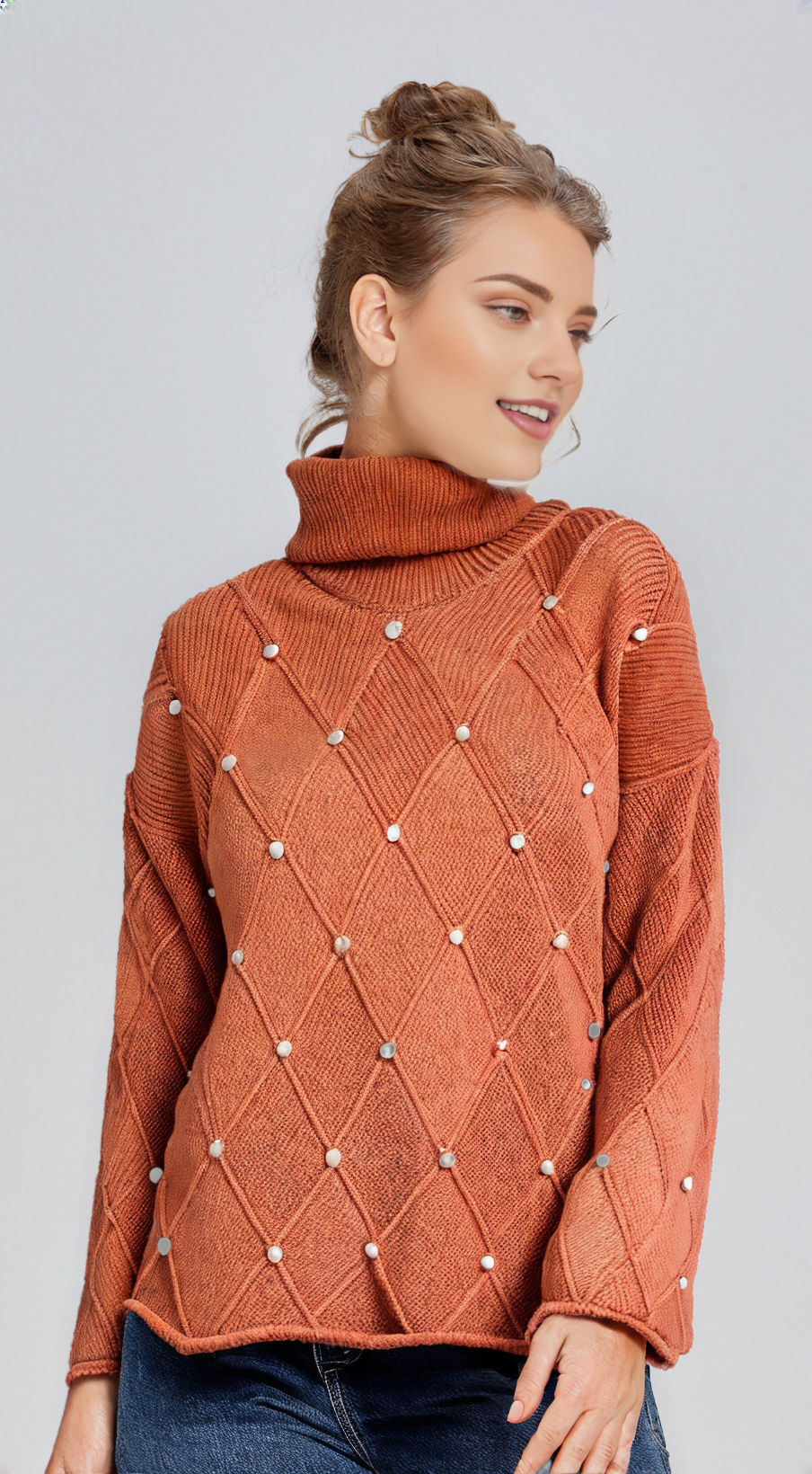 EMBELLISHED BEADED TURTLENECK W/ TEXTURED DETAIL KNIT SWEATER FOR