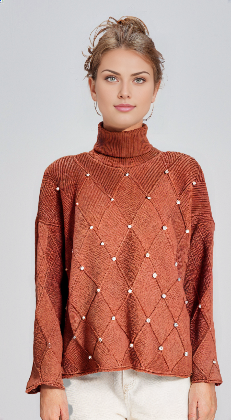 EMBELLISHED BEADED TURTLENECK W/ TEXTURED DETAIL KNIT SWEATER FOR