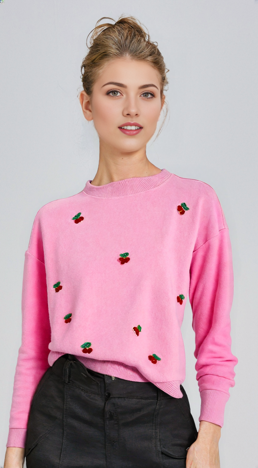 EMBELLISHED CHERRY APPLIQUE PINK FLEECE PULLOVER SWEATSHIRT.  PACKAGE 3 SWEATSHIRTS 1S 1M 1L.  $16.90 UNIT PRICE.