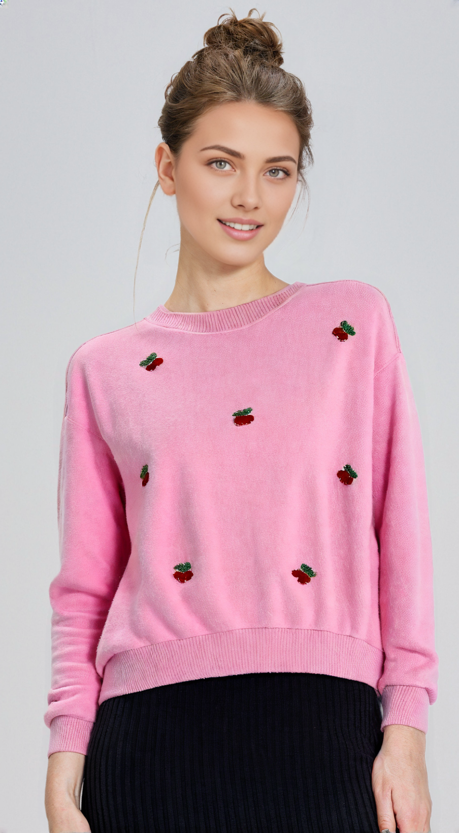 EMBELLISHED CHERRY APPLIQUE PINK FLEECE PULLOVER SWEATSHIRT.  PACKAGE 3 SWEATSHIRTS 1S 1M 1L.  $16.90 UNIT PRICE.