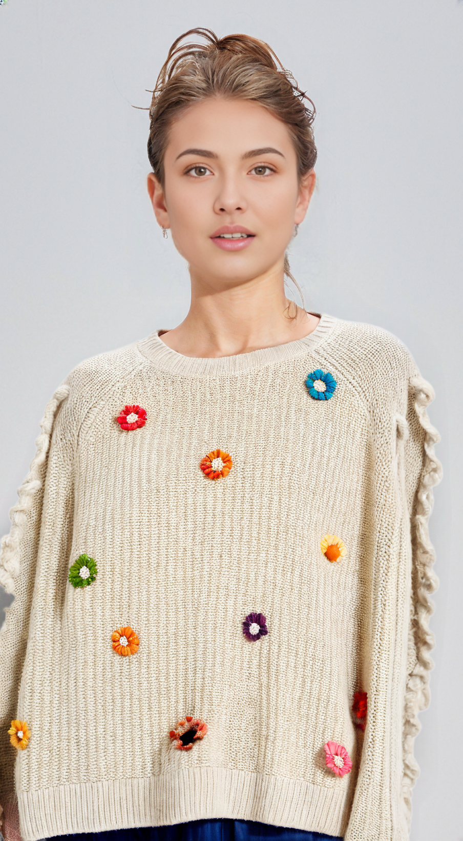 Embellished Crochet Flowers Sleeve Ribbon Round Neck Knit Sweater