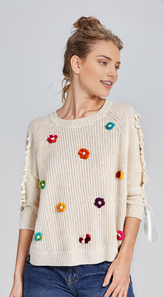 Embellished Crochet Flowers Sleeve Ribbon Round Neck Knit Sweater