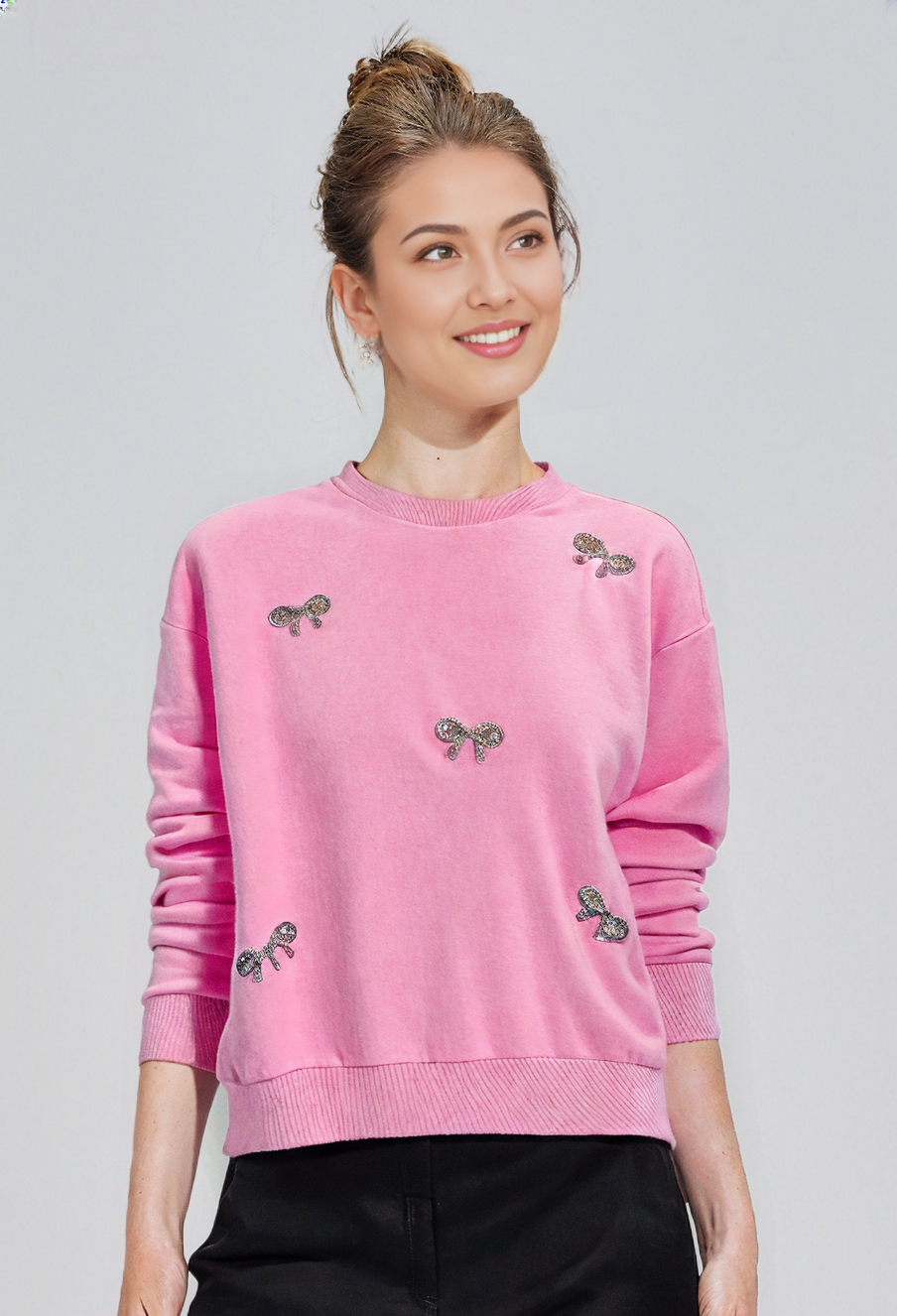 Embellished Rhinestones Ribbons Pink Pullover Fleece Sweatshirt