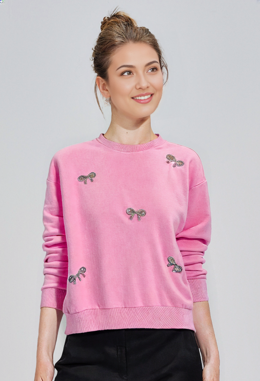 Embellished Rhinestones Ribbons Pink Pullover Fleece Sweatshirt