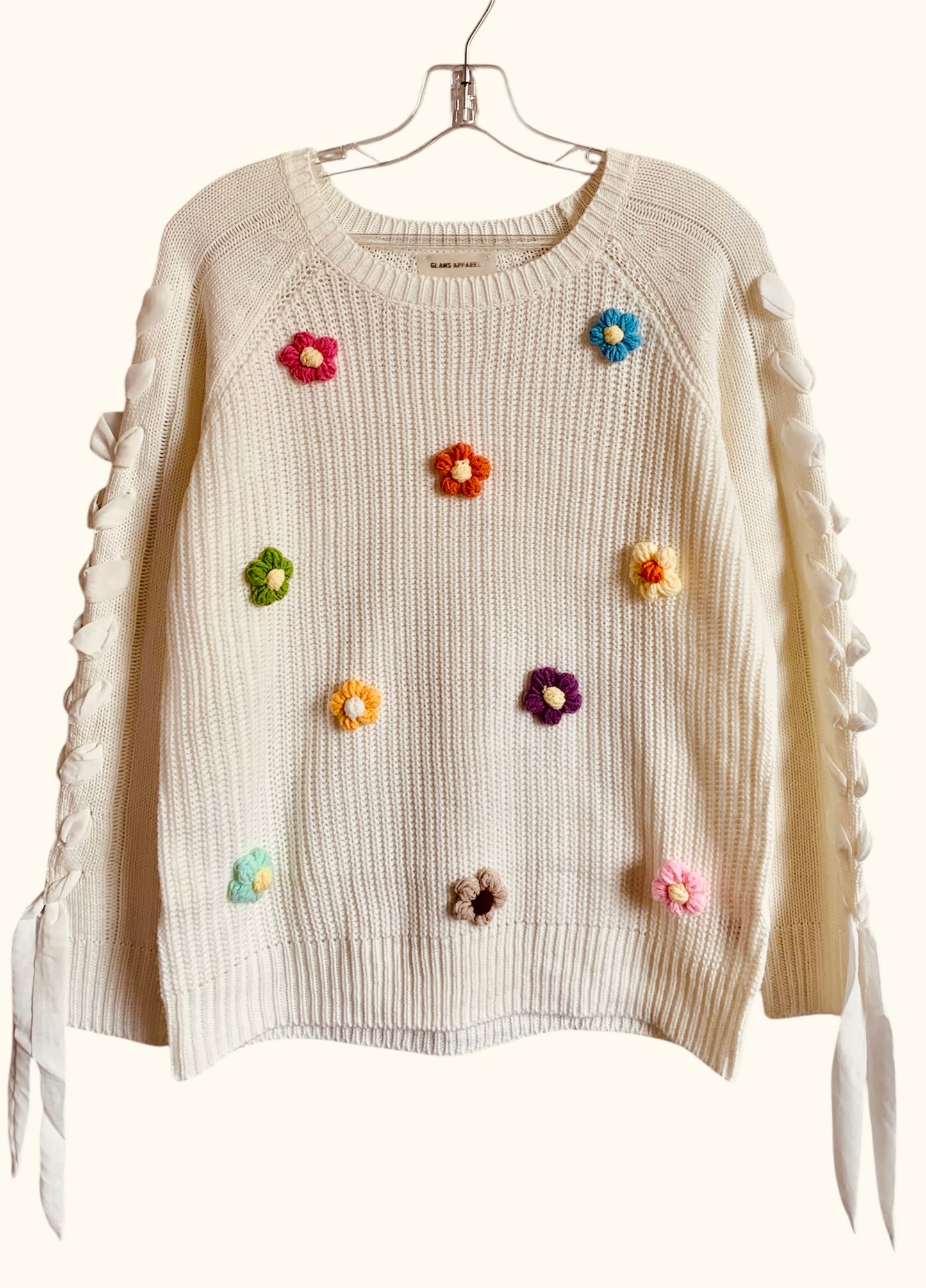 Embellished Crochet Flowers Sleeve Ribbon Round Neck Knit Sweater