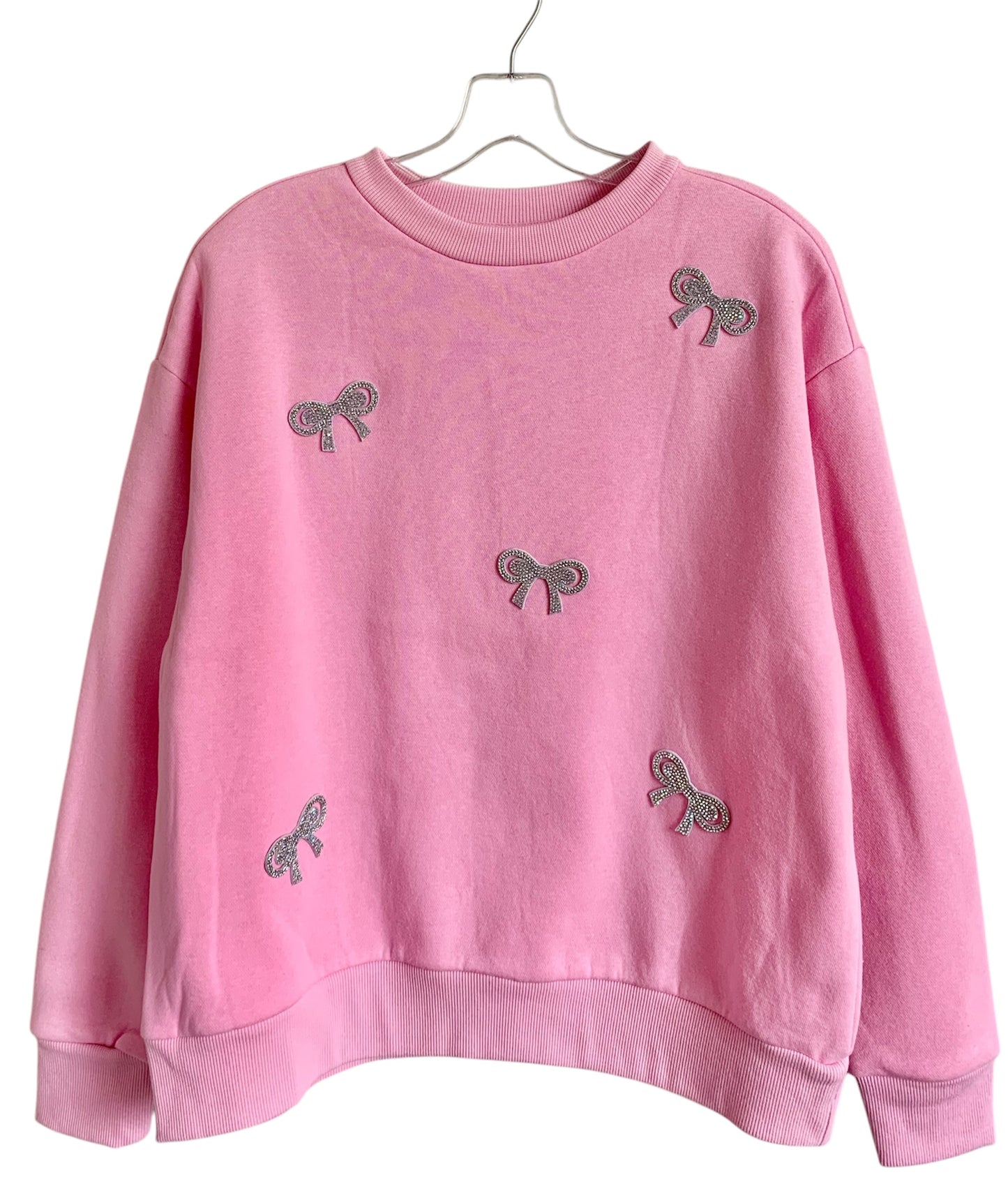 Embellished Rhinestones Ribbons Pink Pullover Fleece Sweatshirt