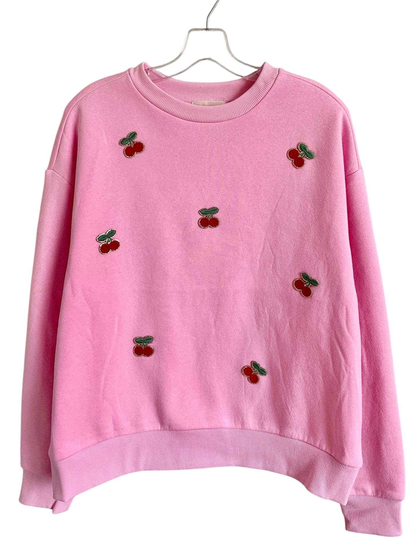 EMBELLISHED CHERRY APPLIQUE PINK FLEECE PULLOVER SWEATSHIRT