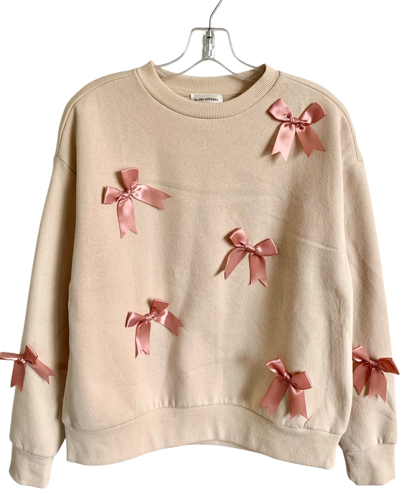 Embellished Satin Ribbons Pullover Fleece Beige Sweatshirt