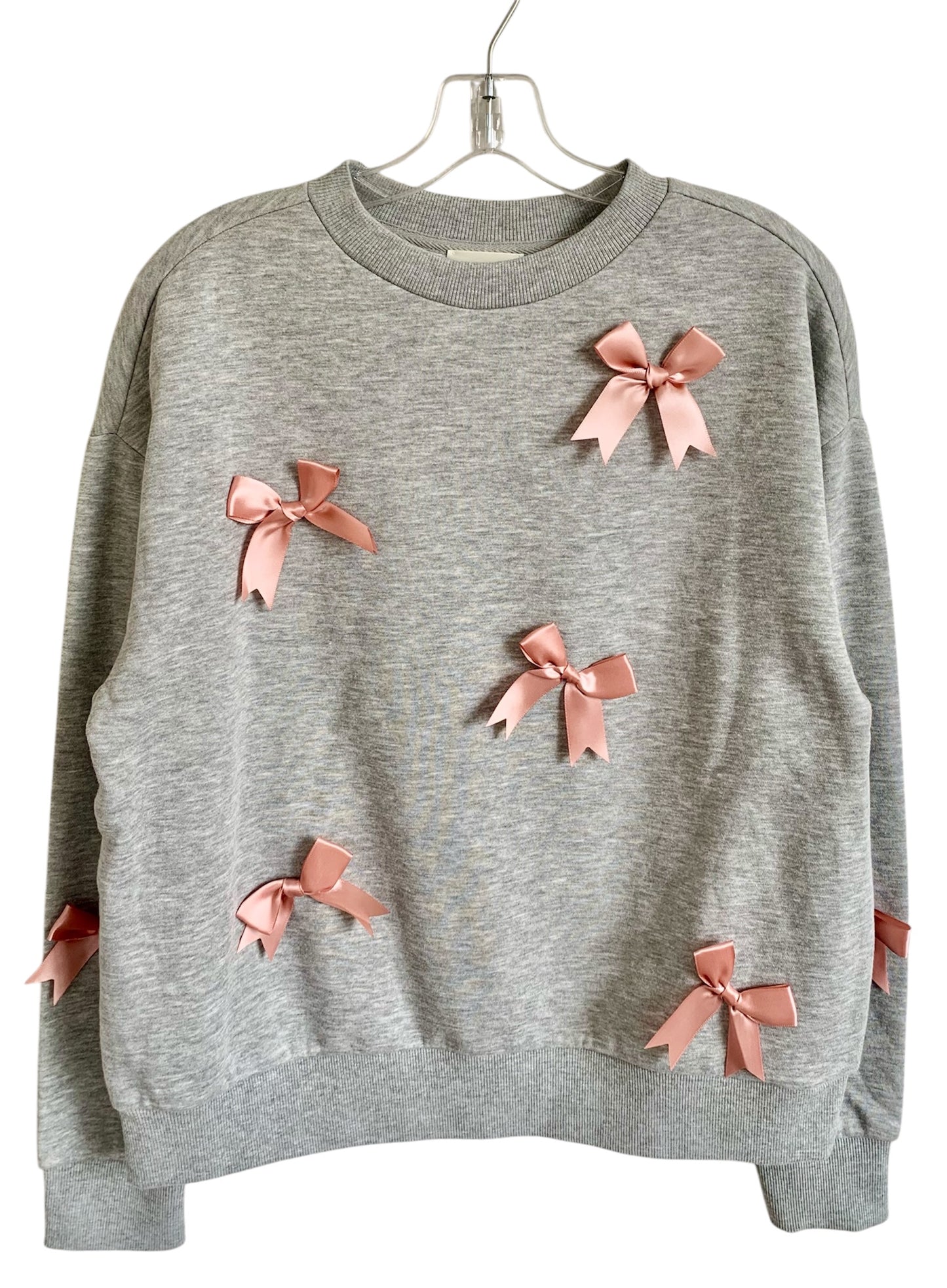 EMBELLISHED SATIN RIBBONS PULLOVER GRAY SWEATSHIRT